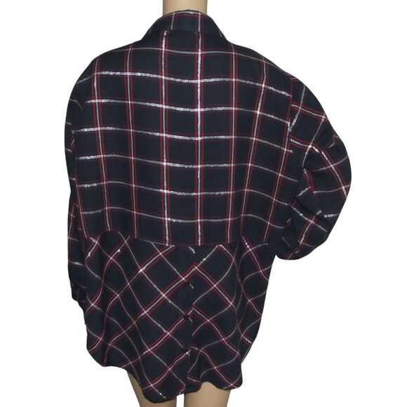 Company One Woman Shirt Plus 1X Navy Blue red Silver Metallic Plaid button-down - Picture 2 of 13